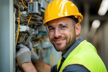 Electrician working on electrical panel smiling at camera