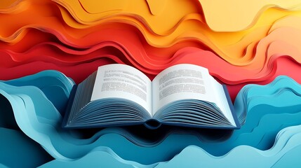 Poster - Colorful paper cutstyle 3D illustration for World Book Day featuring an open book with gradient pages surrounded by abstract cutout shapes and minimalistic layers creating depth and interest