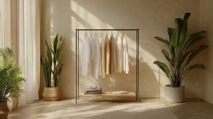 Poster - Minimalist clothing rack displaying womenswear with green plants
