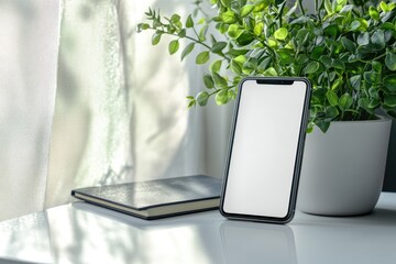 Poster - Smartphone with blank screen standing on white desk near green plant in flowerpot