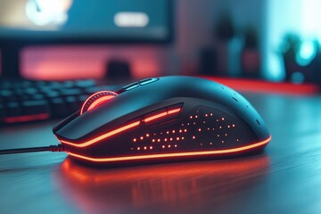 Modern gaming mouse glowing on desk in room lit by rgb lights