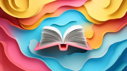 Poster - Colorful paper cutstyle 3D illustration for World Book Day featuring an open book with gradient pages surrounded by abstract cutout shapes and minimalistic layers creating depth and interest