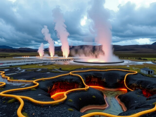 A volcano with a yellow hose running down its side. The volcano is spewing out steam and smoke