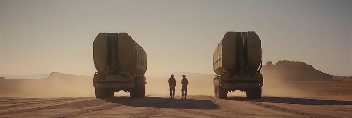 Aufkleber - Powerful missile systems mounted on heavily armored military trucks moving through a rugged sun baked desert landscape showcasing the mobility and strategic capabilities of modern military forces