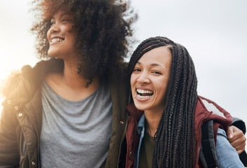 Aufkleber - Friends, happy and portrait outdoor for bonding, travel and vacation together with hug, love and fun. Women, smile and support for weekend trip, connection and holiday with embrace, summer and relax