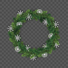 Wall Mural - vector christmas branch decorative wreath with white paper snowflakes on dark background