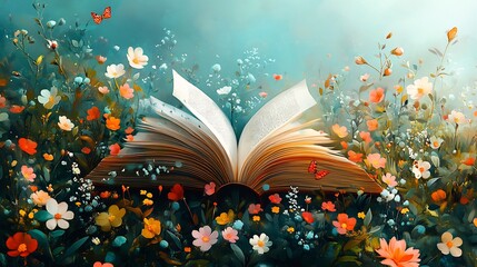 Poster - Colorful World Book Day banner design with a large open book at the center surrounded by blooming flowers swirling vines and charming illustrations of literary adventures