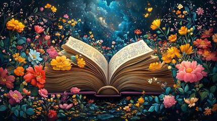 Poster - Colorful World Book Day banner design with a large open book at the center surrounded by blooming flowers swirling vines and charming illustrations of literary adventures