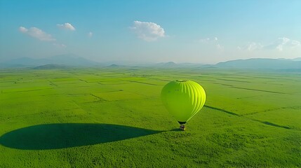 Poster - Serene aerial view of an air balloon s shadow casting over a lush green countryside landscape creating a peaceful and calming abstract pattern on the ground below