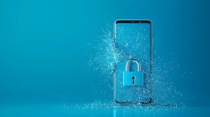 Poster - Shattered padlock icon on a smartphone screen symbolizing a data leak or breach in digital security and privacy