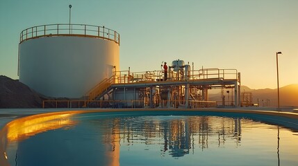 Poster - Silhouetted Wastewater Treatment Plant at Sunset with Tanks and Machinery in an Industrial Landscape
