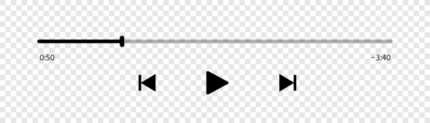 Video play bar template with button play or pause and timelime. Audio player for songs, podcast playlist. Light theme. Vector