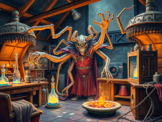 Wall Mural - A creepy monster is standing in a kitchen with a fire pit in front of him. The kitchen is filled with various items such as bottles, bowls, and a sink. The atmosphere of the image is eerie