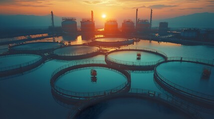 Poster - silhouetted wastewater treatment plant at sunset with tanks and machinery visible image depicts an i