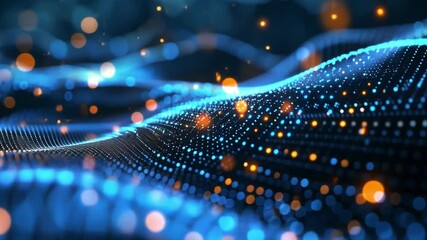 Fototapete - A dynamic representation of glowing blue and orange dots forms wave patterns that create a captivating technological backdrop, emphasizing depth and movement.