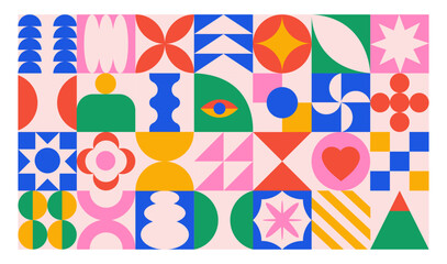 Poster - Vector banner or background of abstract colorful geometric shapes. Bright brutal contemporary icons. Various geometric figures.	