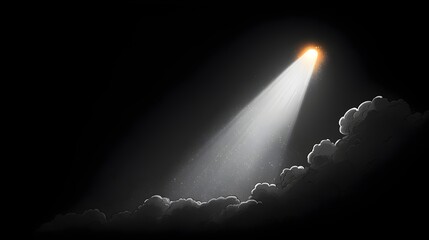Poster - Single ray of sunlight dramatically piercing through dark moody clouds in the sky creating a powerful symbol of and light breaking through the darkness