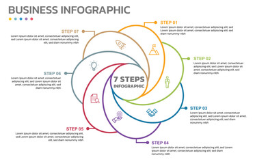 Visual data presentation. Cycle diagram with 7 options. Pie Chart Circle thin line infographic template with 7 steps, options, parts, segments. Business concept. Marketing infographic outline style.