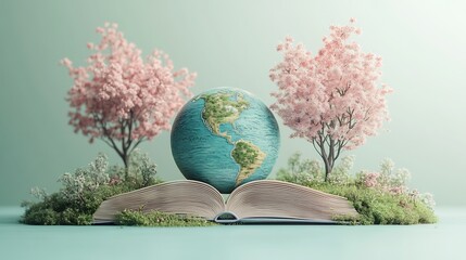 Poster - Contemporary 3D rendering for World Book Day showcasing an open book with a detailed globe and minimalistic tree silhouettes set against a light pastel background symbolizing a connection to the world