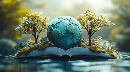Poster - Contemporary 3D rendering for World Book Day showcasing an open book with a detailed globe and minimalistic tree silhouettes set against a light pastel background symbolizing a connection to the world