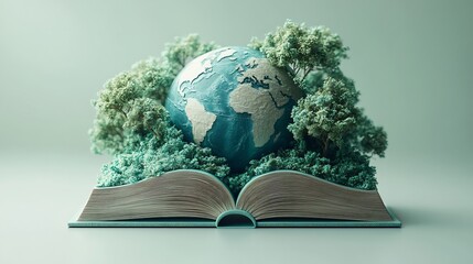 Poster - Contemporary 3D rendering for World Book Day showcasing an open book with a detailed globe and minimalistic tree silhouettes set against a light pastel background symbolizing a connection to the world