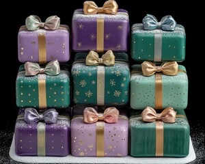 Colorful stacked gift boxes with decorative bows on a black background.