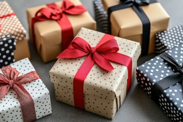 Colorful wrapped gift boxes with decorative ribbons on a surface.