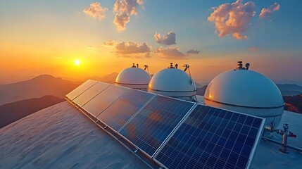 Poster - Solar Powered Water Tank with Rooftop Pipes and Panels for Renewable Energy and Sustainable Home Infrastructure