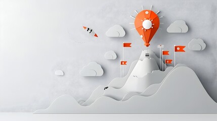 Poster - Stylized Paper Cut Out Mountain Peaks with Colorful Flags Symbolizing Key Milestones and Achievements in a Business or Corporate Journey