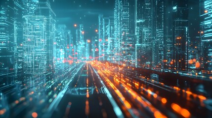 Poster - glowing digital twin of a futuristic smart city managed through a quantum internet network
