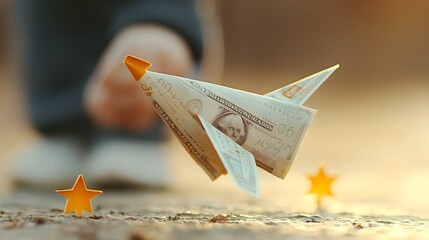 Aufkleber - Symbolic Paper Airplane Crafted from Banknotes Representing Financial Growth Investment Opportunities and the Transformation of Wealth and Resources into New Ventures and Commercial Success
