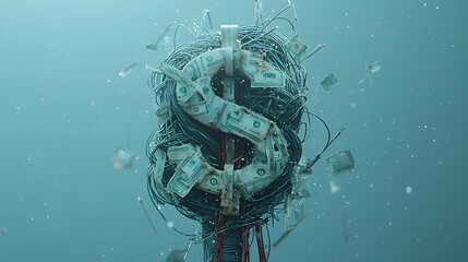 Poster - Tangled and disorganized cables forming the shape of a dollar sign symbolizing the financial challenges and complexities faced by businesses in the corporate and technology sectors