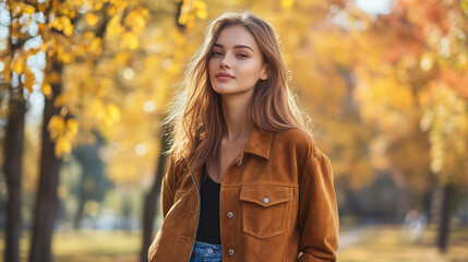 a girl in a suede jacket walking in the park