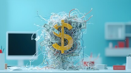 Poster - Tangled web of cables forming the shape of a dollar sign symbolizing the complex financial and business challenges that companies may face in the modern digital landscape