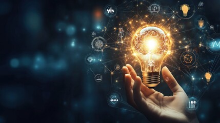 A hand holding a glowing light bulb with a brain inside, surrounded by icons representing different ideas, innovation, and technology.