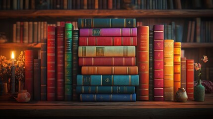 Poster - Cozy library scene for World Book Day featuring a tall stack of colorful books on a wooden shelf soft warm lighting highlighting the spines creating an inviting atmosphere for readers