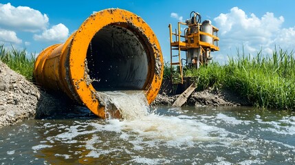 Poster - Treated Wastewater Flowing Out of an Industrial Water Treatment Plant into a River or Waterway  Concept of Environmental Conservation Sustainability and Proper Waste Management