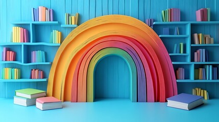 Poster - Cozy paper cut style library scene with colorful books forming a rainbow on the shelves inviting readers to explore and celebrate education on World Book Day with warmth and creativity