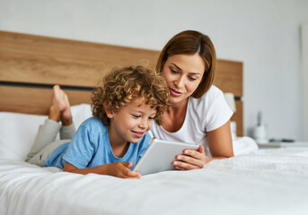 a mother and child enjoy quality time together while reading on a tablet in a cozy bedroom setting d