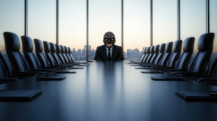 A dark figure in a suit exploring corporate shadows and the eerie atmosphere of modern business worlds