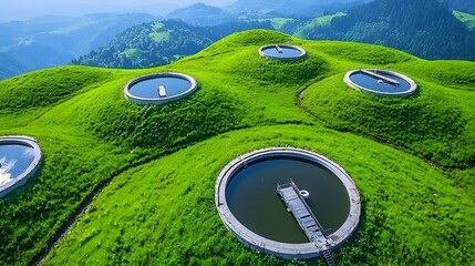 Poster - wastewater flowing through basins with surface bubbles visible showcasing the treatment and purifica