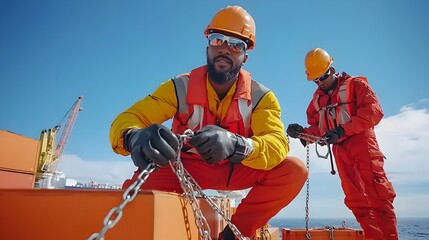 Poster - Workers efficiently securing cargo containers with metal chains latches and other equipment to ensure safe and reliable transportation on a ship in a busy commercial harbor or port