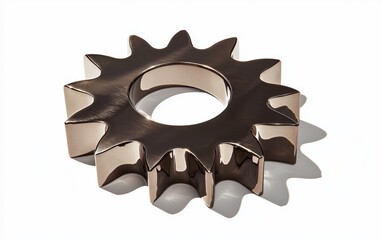 A shiny steel gear with intricate teeth, casting a soft shadow, isolated on a clean white background