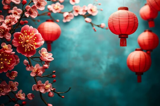 3D Vibrant Floral Frame with Lanterns, A festive 3D Frame design with intricate Chinese New Year patterns, surrounded by rich red and gold decorations, isolated on a green background	