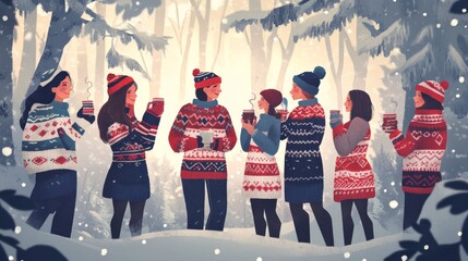 Illustration of people wearing Scandinavian-inspired knitted winter clothing in a snowy forest setting