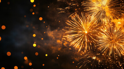 Wall Mural - golden fireworks display in night sky with bokeh lights