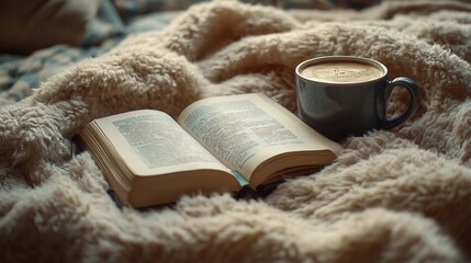 Poster - Cozy winter morning with a hot cup of coffee beside an open blank book resting on a bed covered by a soft fluffy blanket creating a peaceful reading atmosphere on a cold winter day