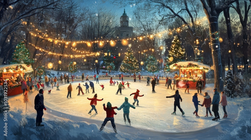 Illustration of a holiday ice skating rink set in a snowy park, with ...