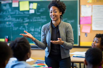 A teacher is standing in front of a group of students in a classroom