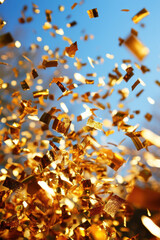 Wall Mural - golden confetti falling against blue sky
